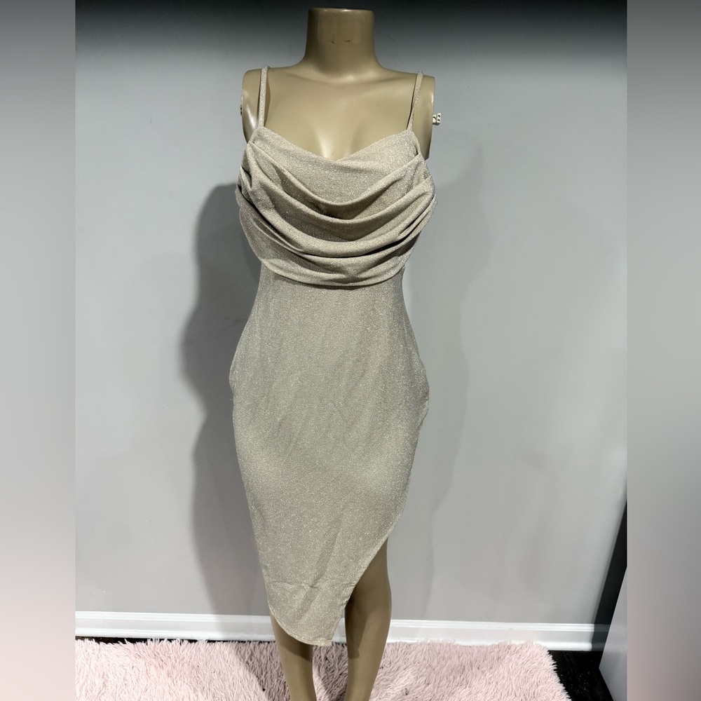Dress size large women NYC Y2k Gold Sparkle Bodycon side slit stretch Formal